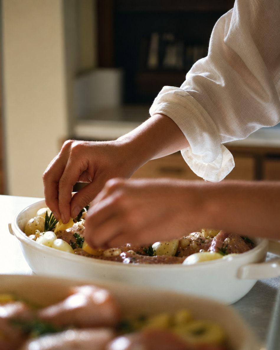 Deux mains disposent du romarin et des pommes de terre dans un plat blanc, dans une cuisine chaleureuse.